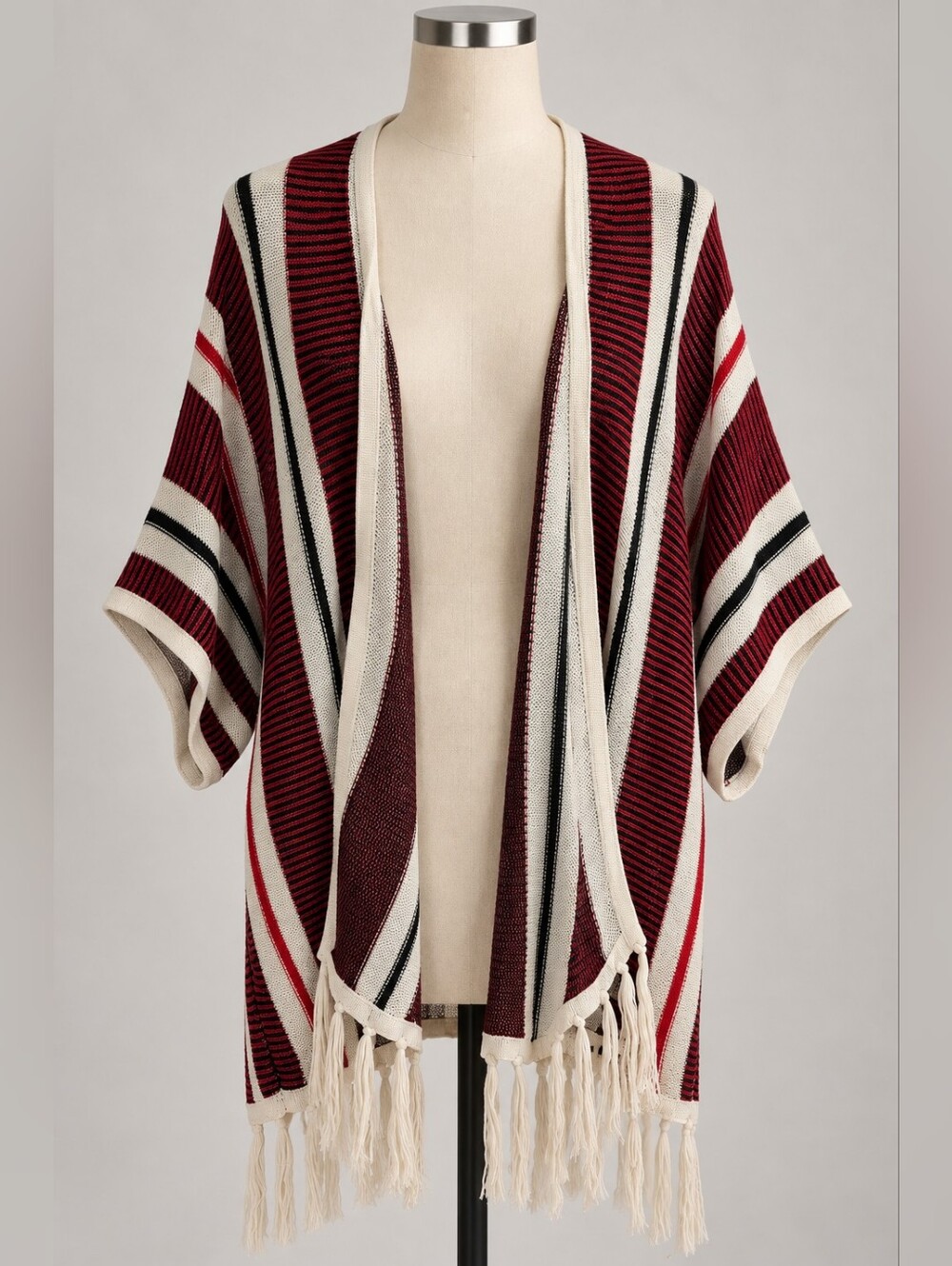JACK Striped Knit Kimono Cardigan Fringe Open Front Red Black Cream Size Medium